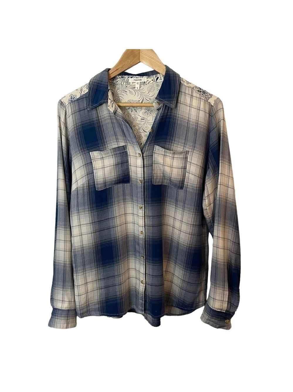 Maurices Plaid Floral Button Down Shirt Sz S Blue White Mixed Print Top Boho